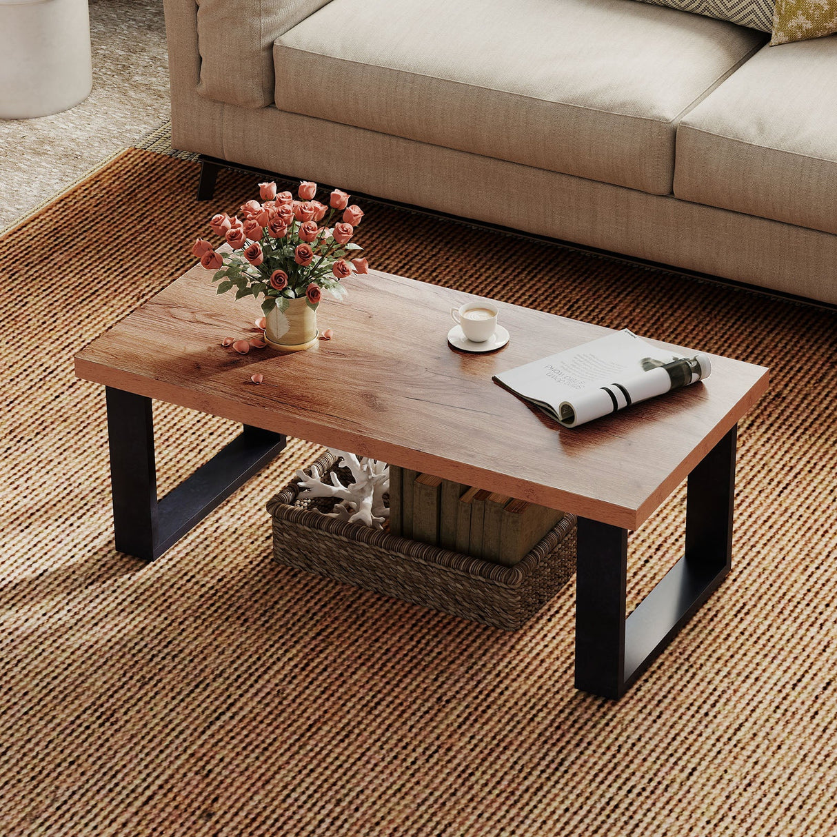 Mesa de centro rústica estilo granja de 47 pulgadas con tablero engrosado y textura de madera natural - Roble