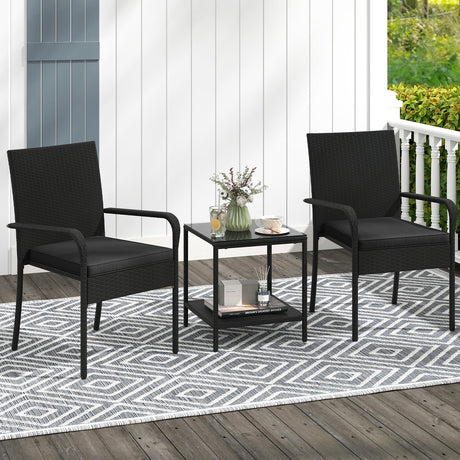 Juego de muebles de patio de 3 piezas con cojines de asiento y mesa con cubierta de vidrio templado