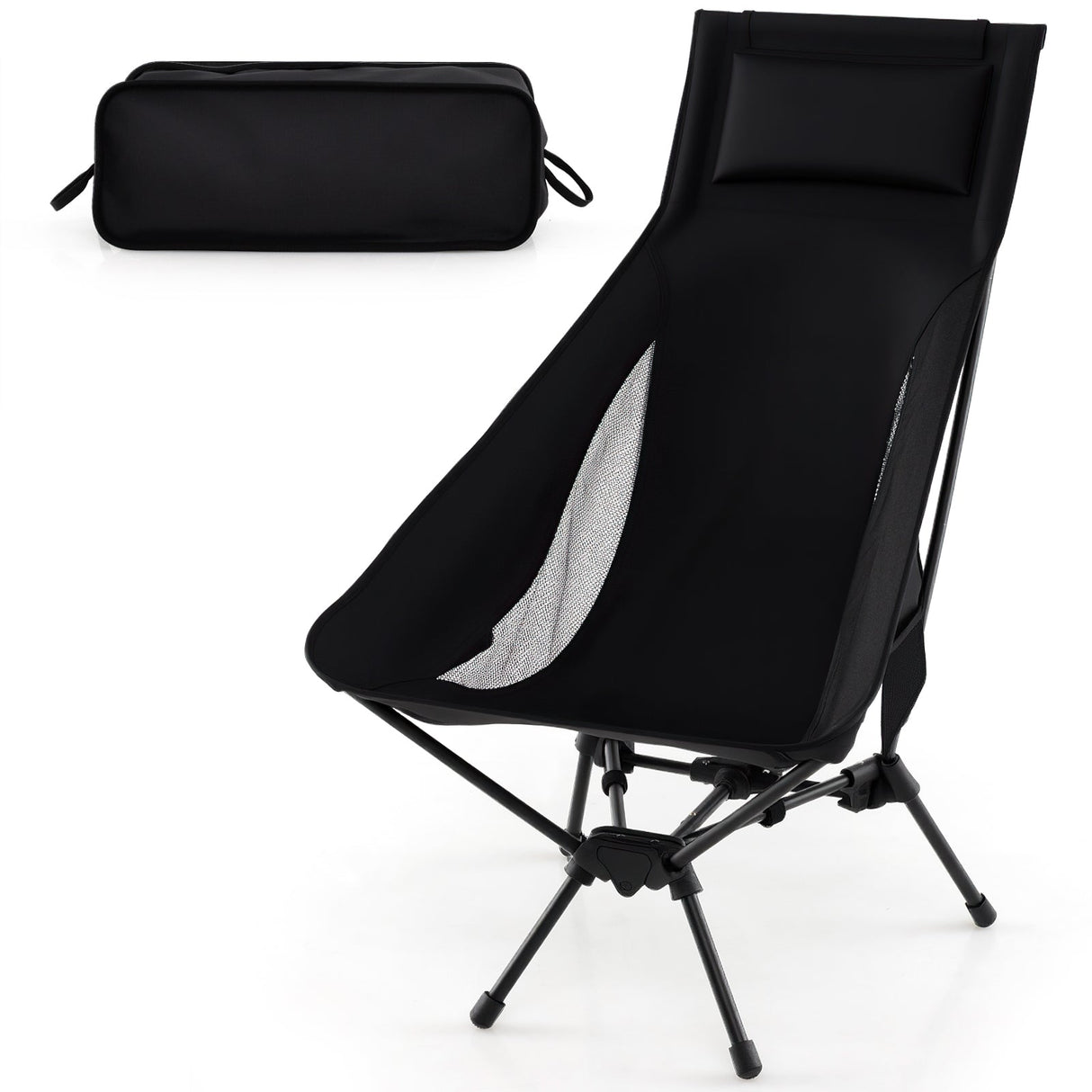 High Back Portable Camping Chair with Compact Carry Bag and Pillow-Black