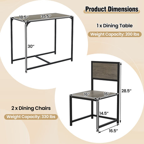 Juego de comedor de 3 piezas, mesa compacta y 2 sillas con estructura metálica para espacios pequeños