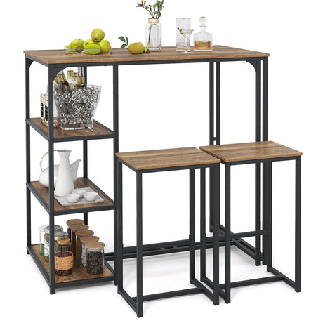 Juego de mesa de bar de 3 piezas para 2, mesa de comedor con altura de bar con 2 taburetes, marrón rústico