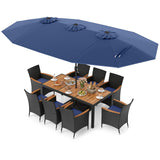 Juego de comedor para patio de 10 piezas con sombrilla doble de 4.5 metros