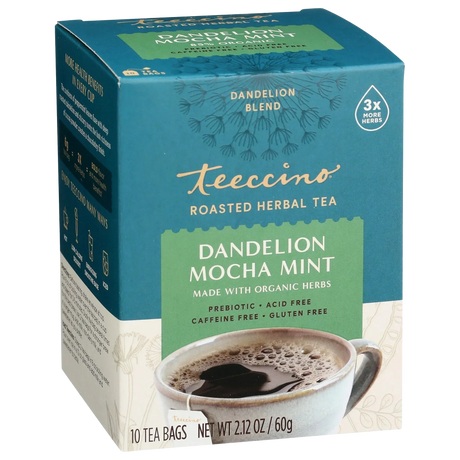 Té de hierbas tostado de diente de león con mocha y menta