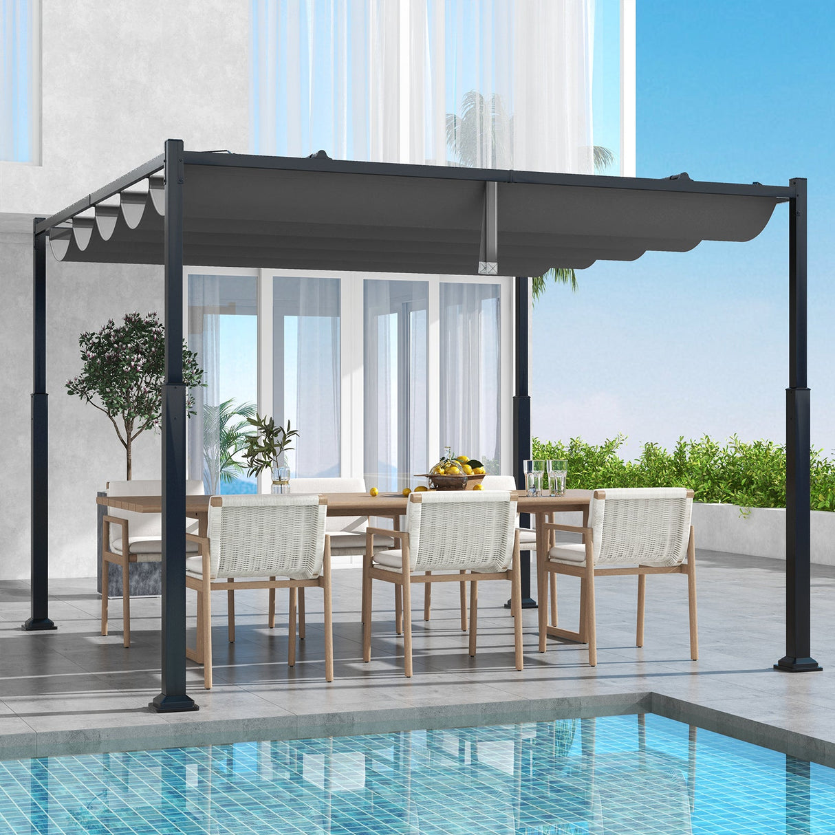 Pérgola Exterior de 10 x 10 Pies con Techo Retráctil y Columnas Metálicas - Gris