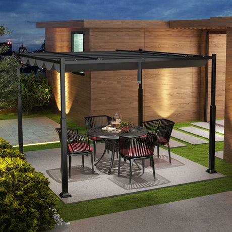 Pérgola Exterior de 10 x 10 Pies con Techo Retráctil y Columnas Metálicas - Gris