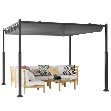 Pérgola Exterior de 10 x 10 Pies con Techo Retráctil y Columnas Metálicas - Gris