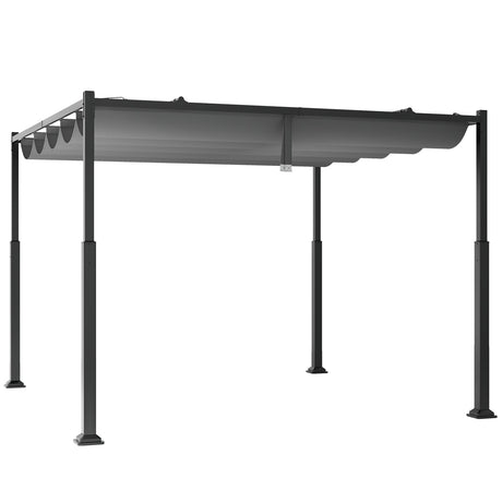 Pérgola Exterior de 10 x 10 Pies con Techo Retráctil y Columnas Metálicas - Gris