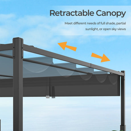 Pérgola Exterior de 10 x 10 Pies con Techo Retráctil y Columnas Metálicas - Gris
