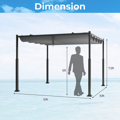 Pérgola Exterior de 10 x 10 Pies con Techo Retráctil y Columnas Metálicas - Gris