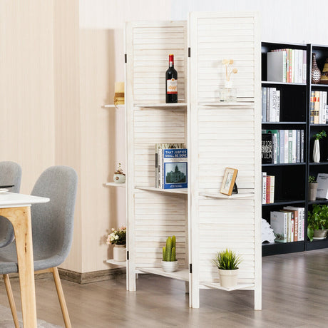 4 Panel Folding Room Divider Screen with 3 Display Shelves