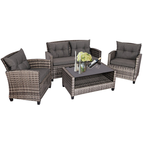 Juego de muebles de patio de ratán de 4 piezas con mesa de centro y sofá acolchado - Gris