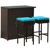 Juego de comedor de 3 piezas para patio de mimbre de ratán con mesa y taburetes - Turquesa