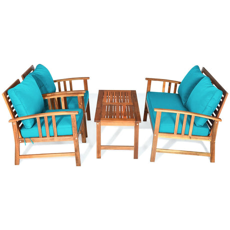 4 Pcs Wooden Patio Furniture Set Table Sofa Chair Cushioned Garden