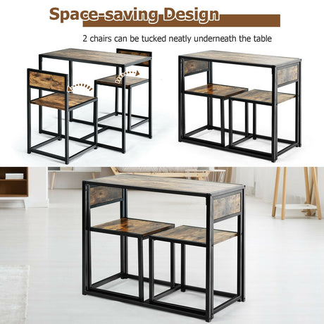 Juego de comedor de 3 piezas, mesa compacta y 2 sillas con estructura metálica para espacios pequeños