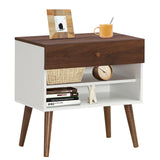 Mesita de Noche Mid-Century con Cajón y Patas de Madera de Caucho