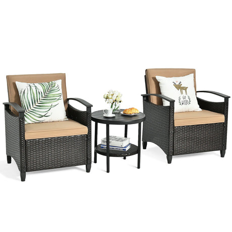 Juego de muebles de ratán para patio de 3 piezas, sofá acolchado, mesa de almacenamiento con estante para jardín
