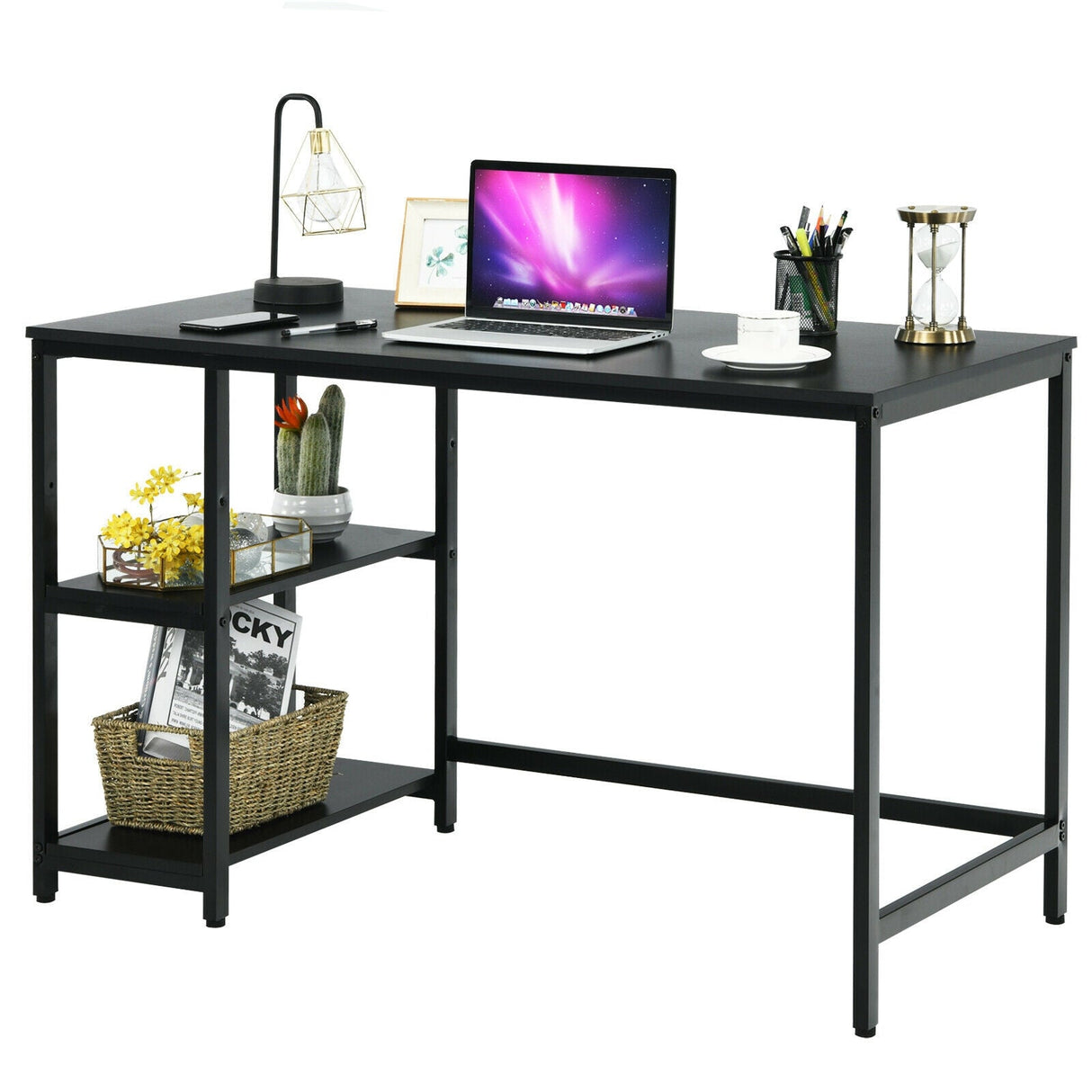 Escritorio de ordenador de 47 pulgadas, mesa de estudio, estación de trabajo para el hogar con estante ajustable, negro