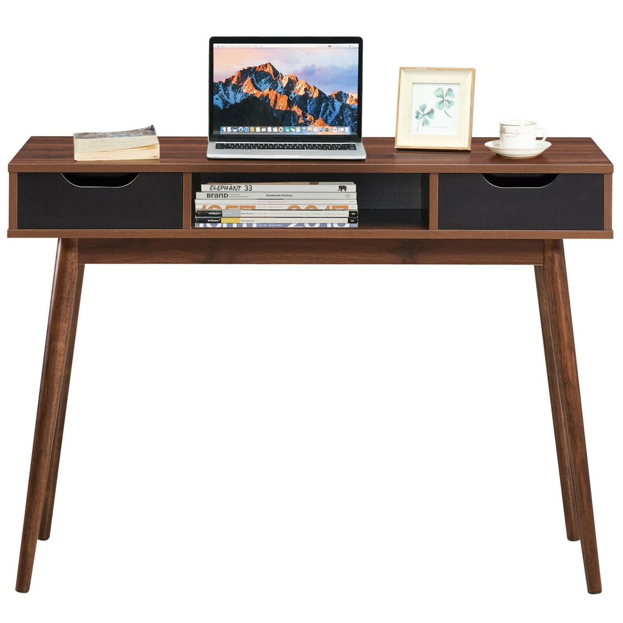 Escritorio de computadora elegante con 2 cajones y patas de madera maciza