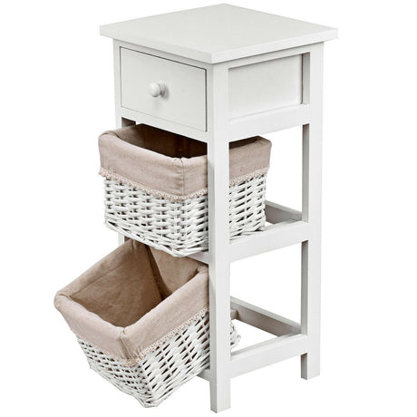 Mesa auxiliar de noche para dormitorio con cajones y cestas, 2 unidades, color blanco
