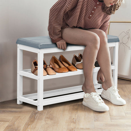 Banco zapatero de madera de 2 niveles con asiento acolchado