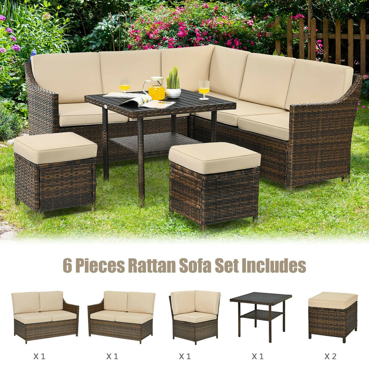 Juego de Muebles de Sofá de Ratán para Patio de 6 Piezas