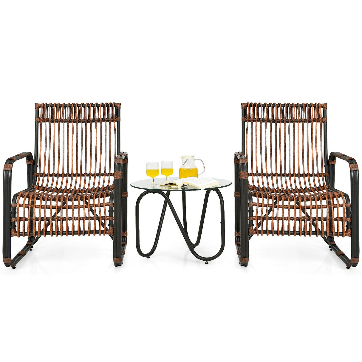 Juego de Muebles de Patio de Ratán de 3 Piezas con 2 Sillas Individuales de Mimbre y Mesa Auxiliar de Cristal