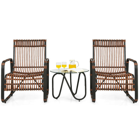 Juego de Muebles de Patio de Ratán de 3 Piezas con 2 Sillas Individuales de Mimbre y Mesa Auxiliar de Cristal