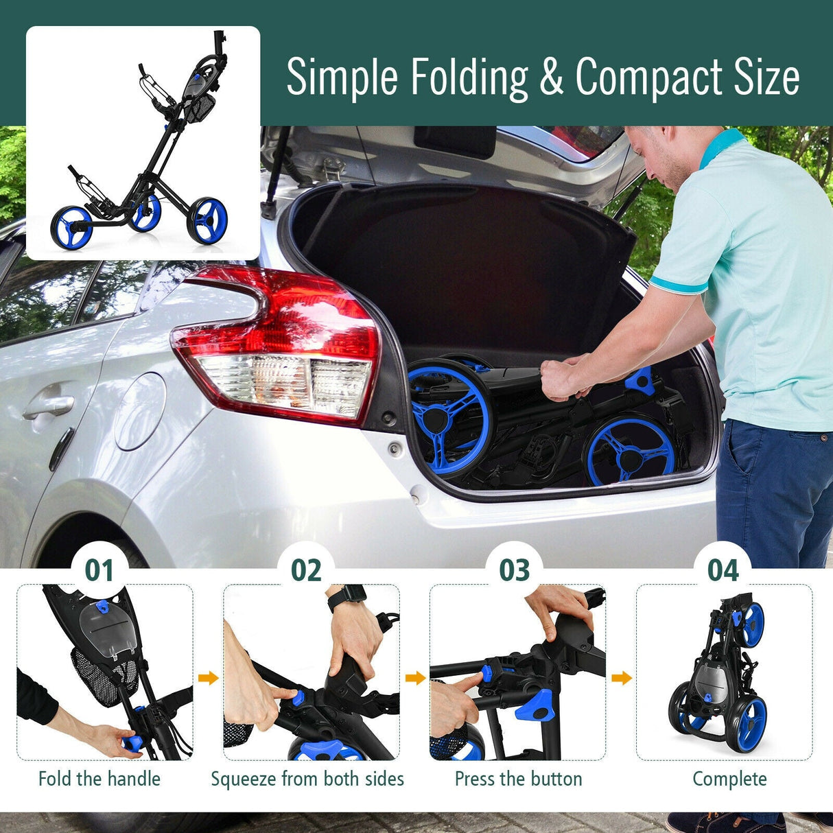 Carro de golf plegable de 3 ruedas con freno, marcador y mango ajustable