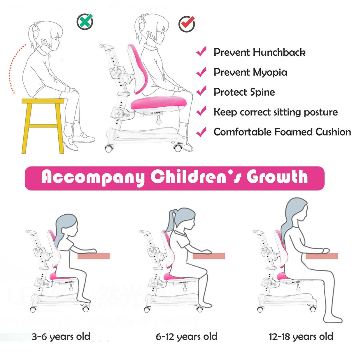 Silla estudiantil de altura regulable con ruedas con freno de asiento y soporte lumbar para el hogar y la escuela
