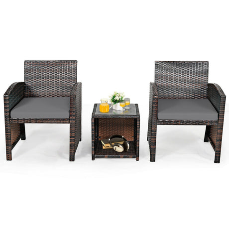 Juego de 3 Muebles de Ratán PE de Mimbre con Cojín Sofá y Mesa de Café para Jardín
