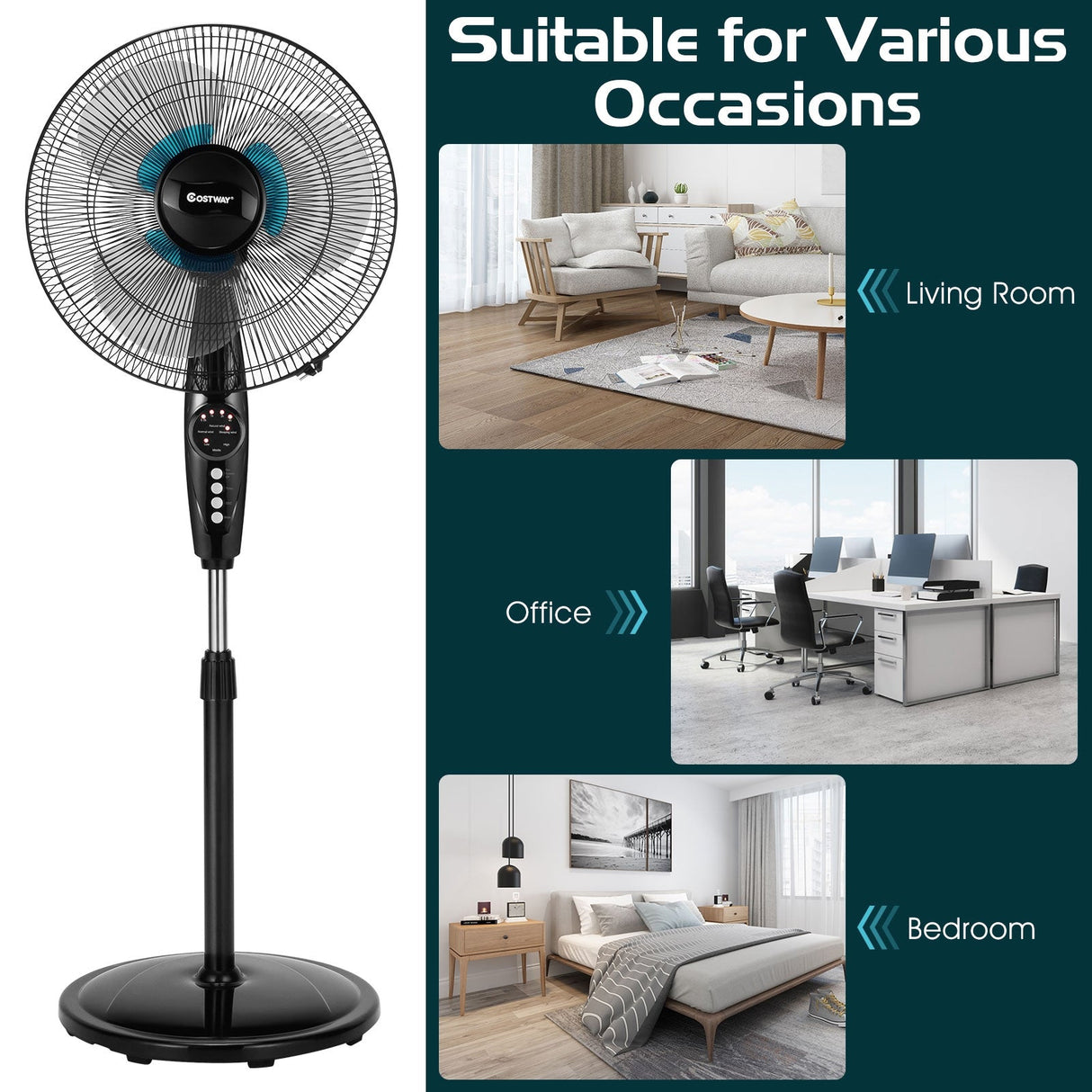 Ventilador de pedestal silencioso y oscilante de 16 pulgadas con altura ajustable para el hogar y la oficina