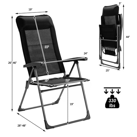 2 sillas plegables portátiles para patio, con reposacabezas ajustable, para camping -Negro