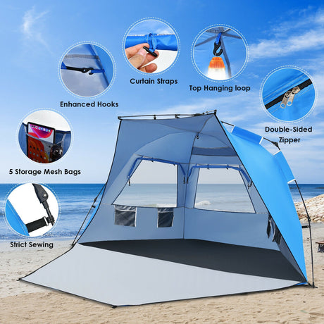 Carpa de playa desplegable fácil para 3-4 personas UPF 50+ Refugio solar portátil