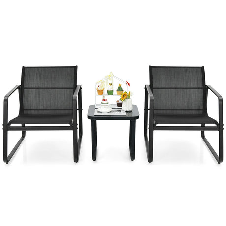 Juego de 3 Muebles de Bistró para Patio con Mesa de Vidrio Jardín Terraza-Negro