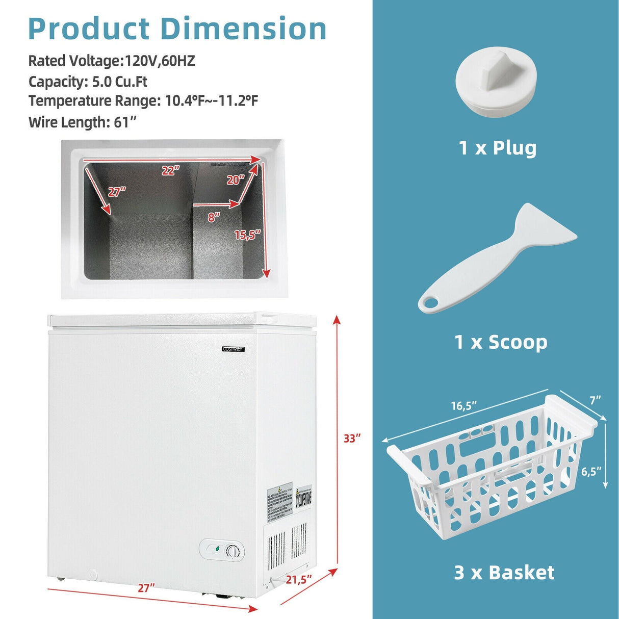 Congelador horizontal de 5.2 pies cúbicos Refrigerador de una puerta vertical con 3 canastas - Blanco