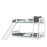 Twin over Twin Bunk Wooden Low Bed with Slide Ladder for Kids