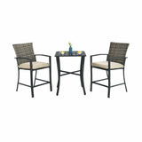 3 Pieces Rattan Bar Furniture Set with Slat Table and 2 Cushioned Stools