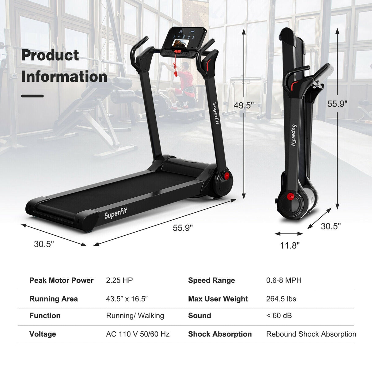 Máquina de correr eléctrica plegable de 2.25 HP con motor y pantalla LED