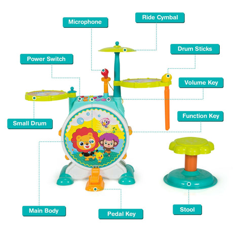 Juego de batería eléctrica infantil de 3 piezas con micrófono, taburete y pedal