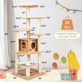 Árbol para gatos de madera de 7 niveles, torre alta para gatos con postes de sisal y condominio