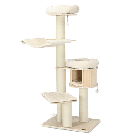 Árbol para gatos de madera de 4 niveles y 68.5 pulgadas, torre de actividades con postes de sisal - Natural