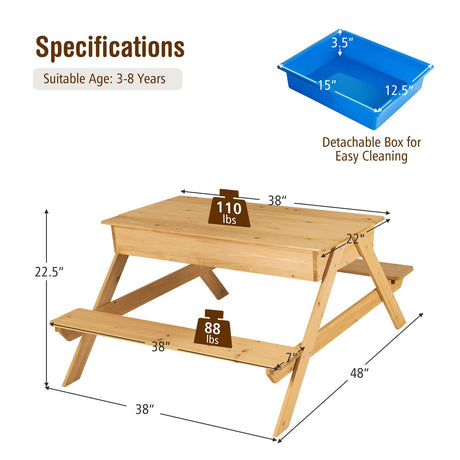 Mesa de pícnic de madera 3 en 1 para niños, mesa de arena y agua para exteriores con cajas de juego