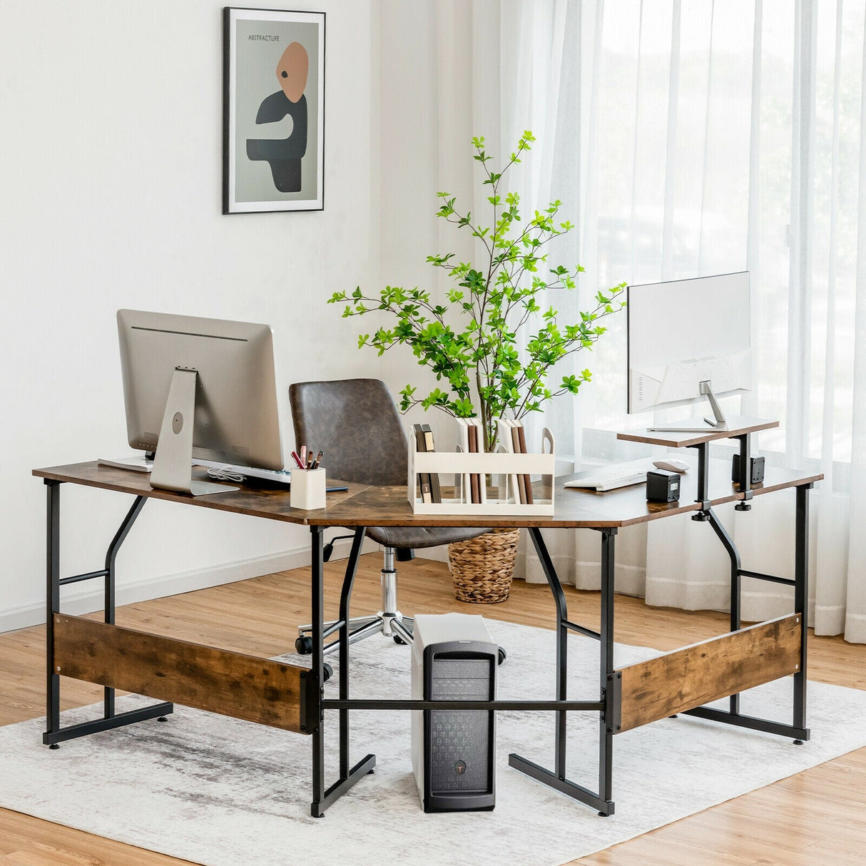 Mesa de escritorio para ordenador en forma de L reversible de 88,5 pulgadas con soporte para monitor