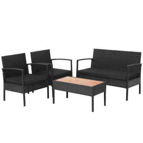 Juego de Muebles de Patio de Ratán Acolchados de 4 Piezas con Mesa de Centro de Madera