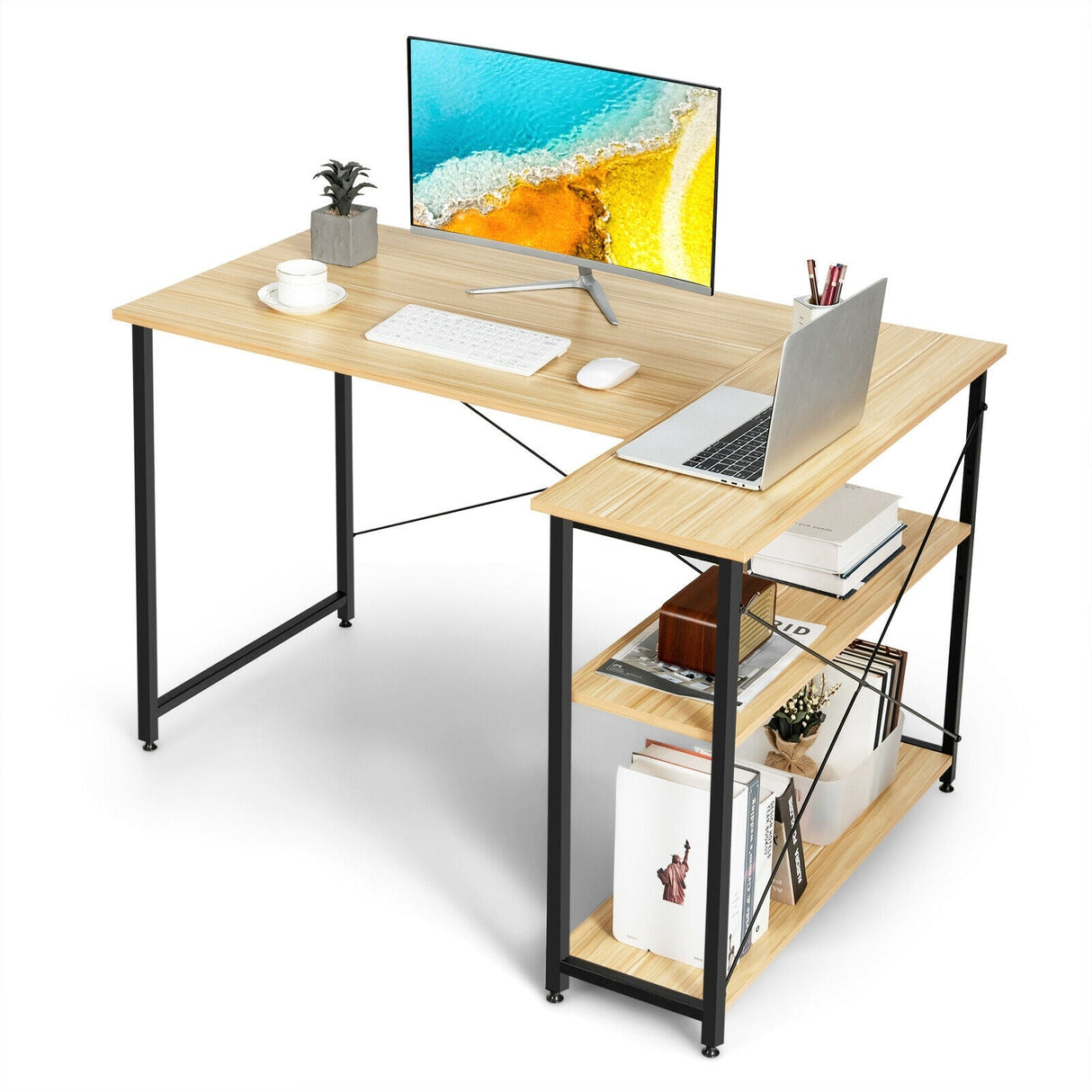 Escritorio para computadora en forma de L reversible de 48 pulgadas con estante ajustable