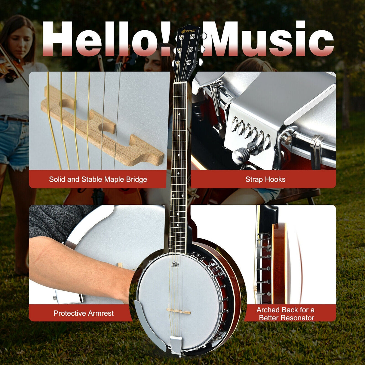 Banjo profesional Sonart de tamaño completo de 39 pulgadas y 6 cuerdas con 24 tensores y espalda abierta