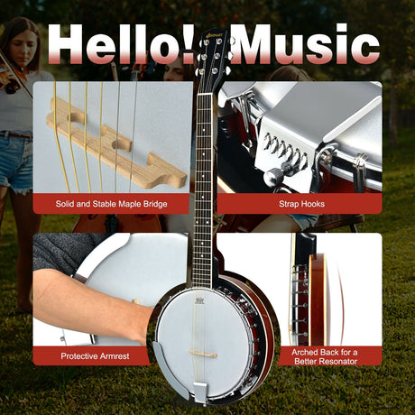 Banjo profesional Sonart de tamaño completo de 39 pulgadas y 6 cuerdas con 24 tensores y espalda abierta