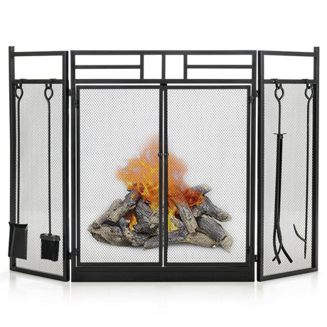 Pantalla plegable de hierro forjado de 3 paneles para chimenea con puertas y juego de 4 herramientas - Negro