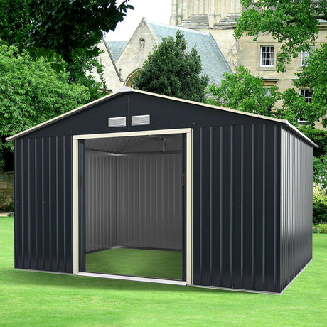 Cobertizo de almacenamiento metálico de 11 x 8 pies para jardín y herramientas con 2 puertas correderas con cerradura - Gris