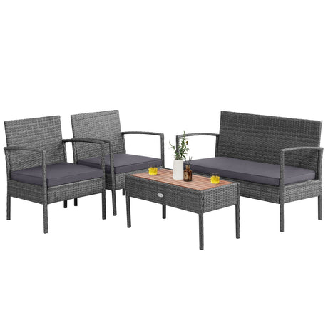 Juego de muebles de conversación para patio de ratán de 4 piezas con mesa de madera de acacia